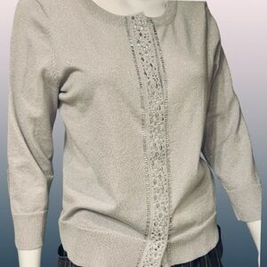Charter Club Shimmering Metallic Silver Cardigan Sweater 
Hidden Snaps Studded